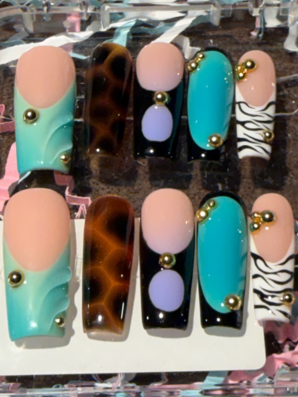 Turquoise & Pink Decorative Press-On Nail Set